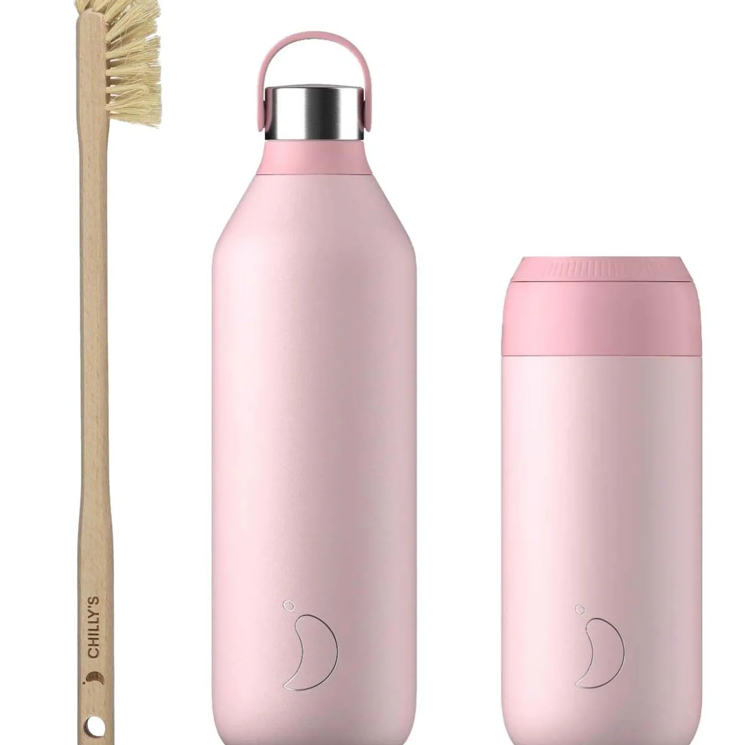 Chilly's Series 2 Reusable Water Bottle, Coffee Cup & Cleaning Brush Set - Blush Pink