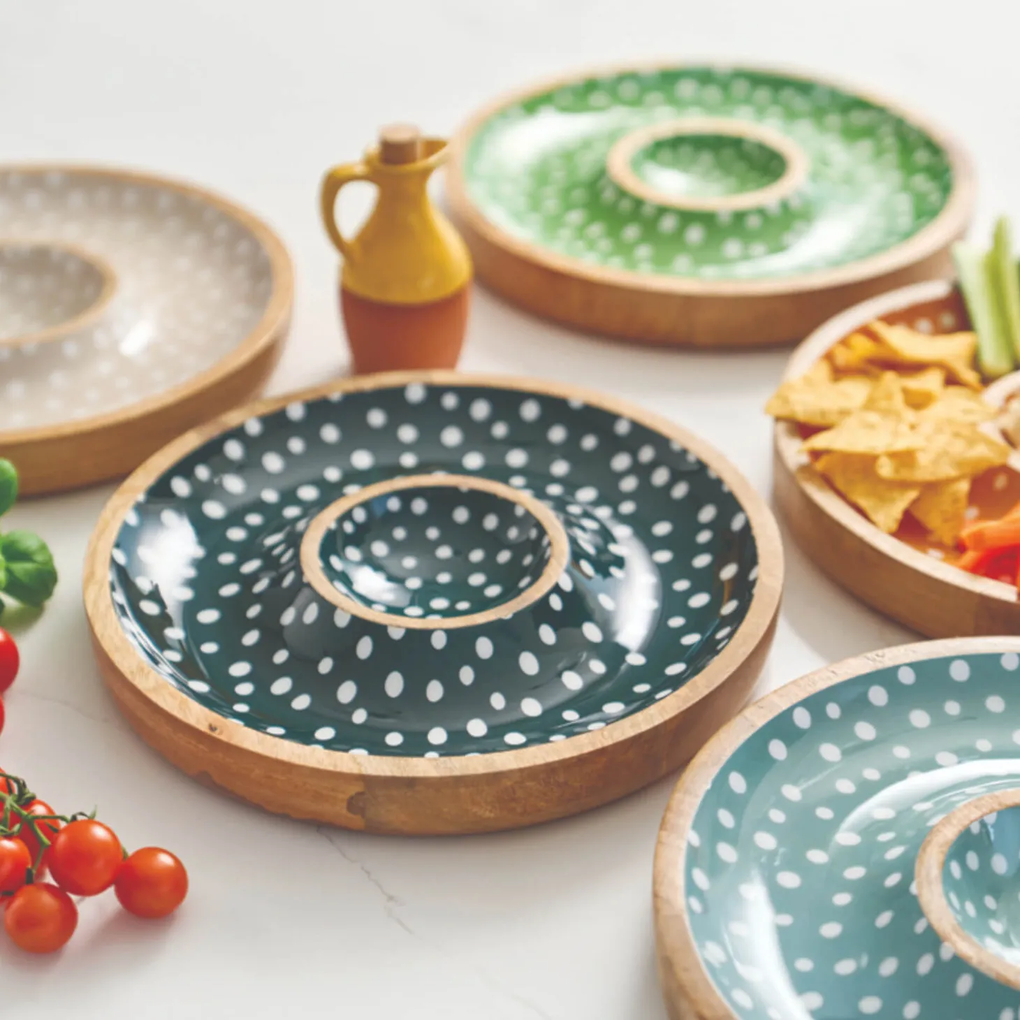 Dexam Sintra Mango Wood Spotted Chip & Dip Bowl - Ink Blue