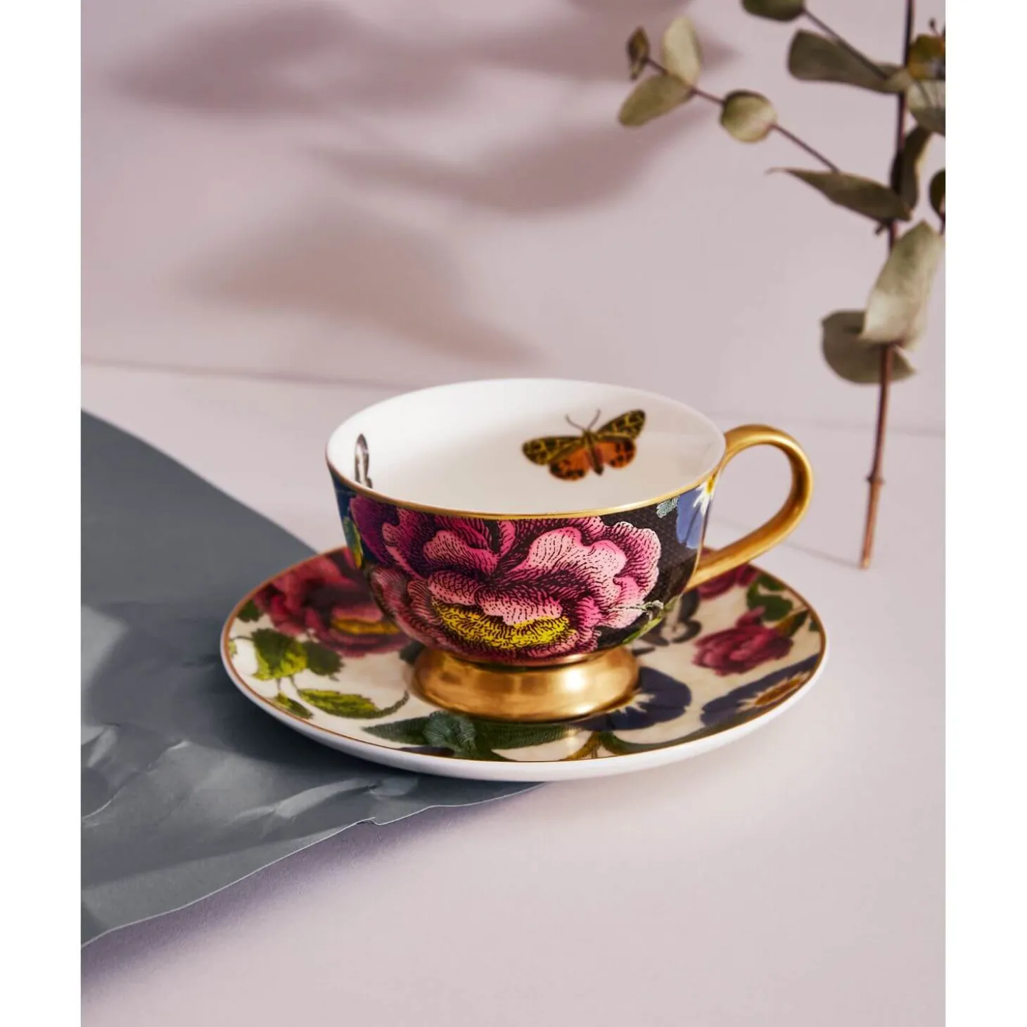 Spode Creatures of Curiosity Coupe Tea Cup & Saucer - Dark Floral