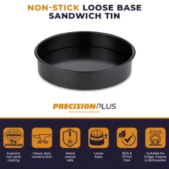 Tower Precision Plus Carbon Steel 18cm Round Non-Stick Loose Base Sandwich Tin - Black