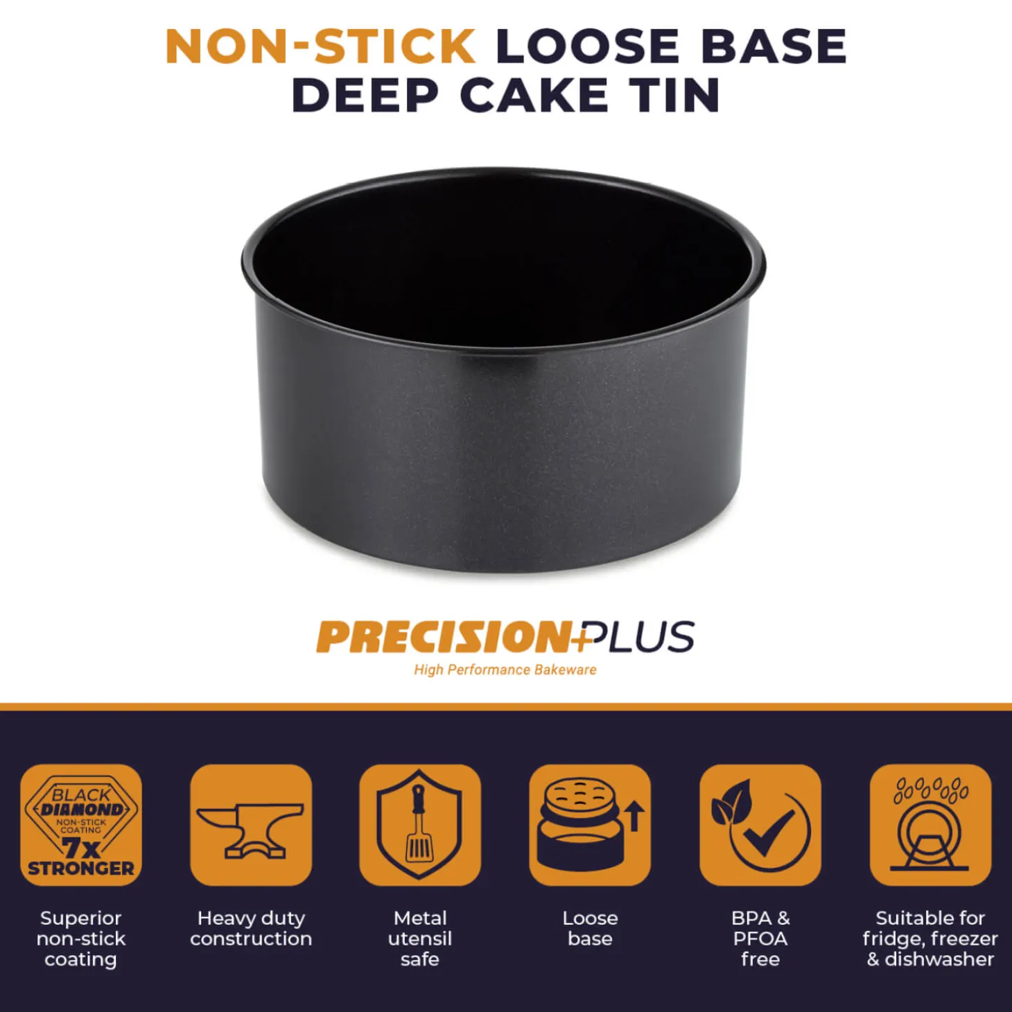 Tower Precision Plus Carbon Steel 20cm Round Non-Stick Loose Base Deep Cake Tin - Black