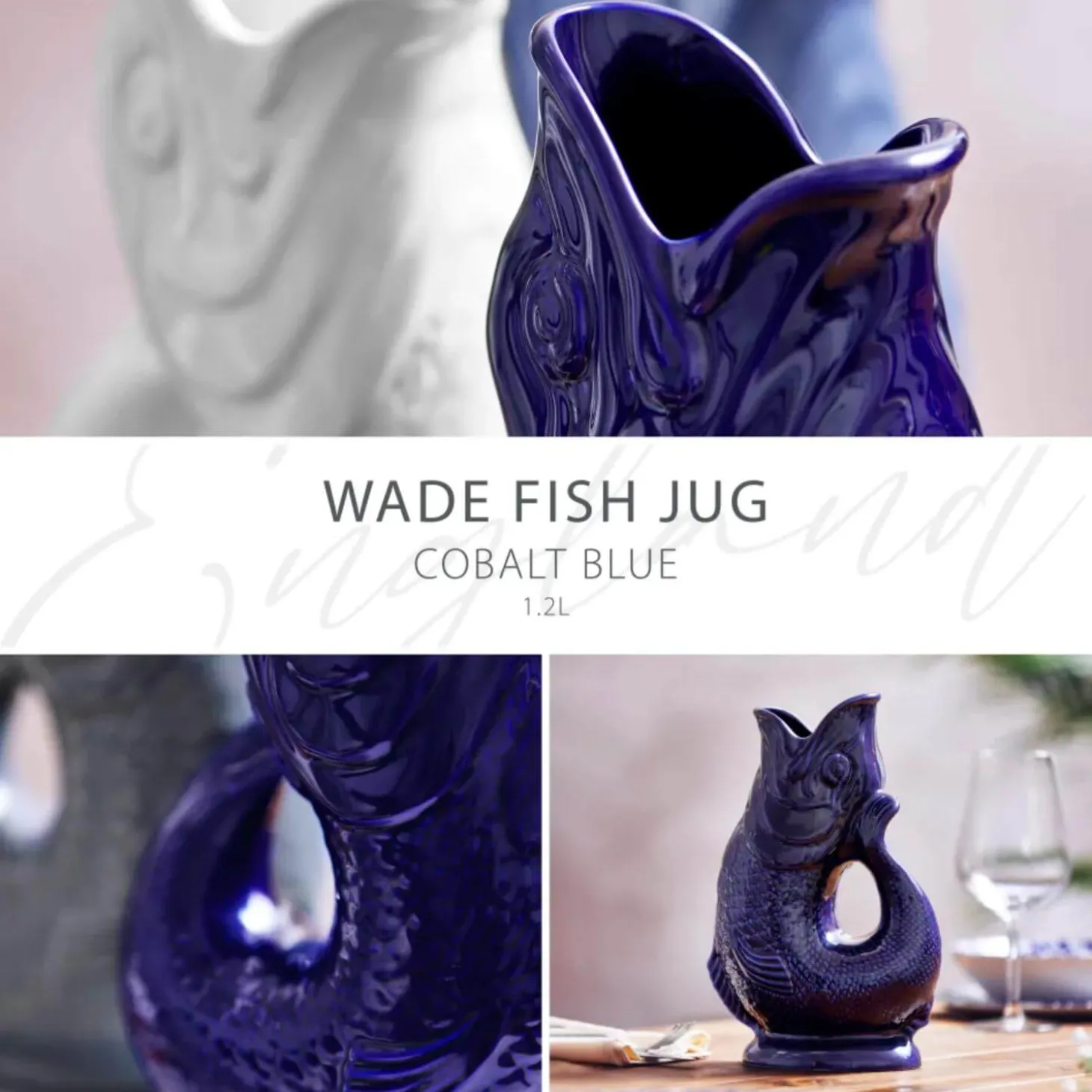 Wade Fish Earthenware 1.2 Litre Gluggle Jug - Cobalt
