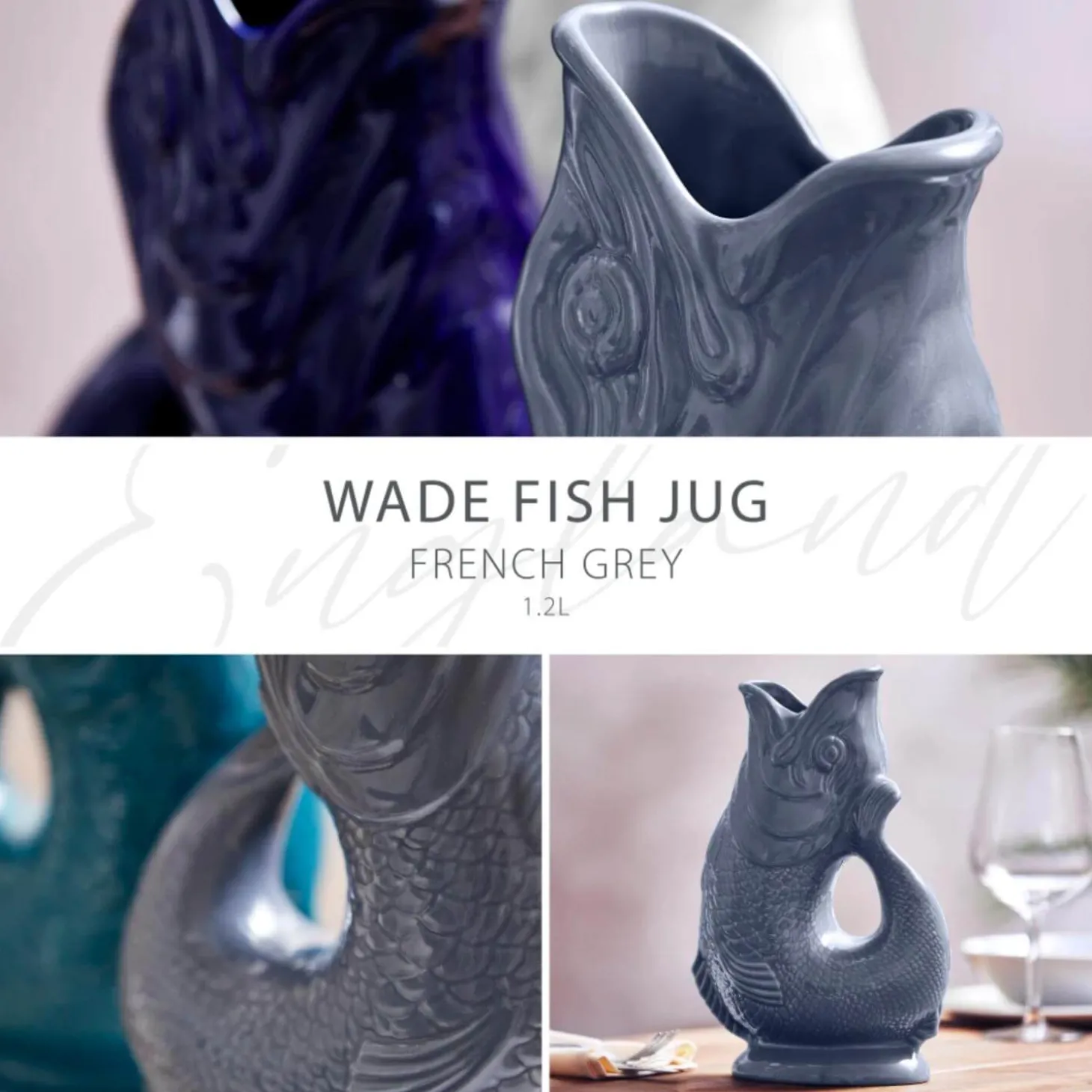 Wade Fish Earthenware 1.2 Litre Gluggle Jug - French Grey