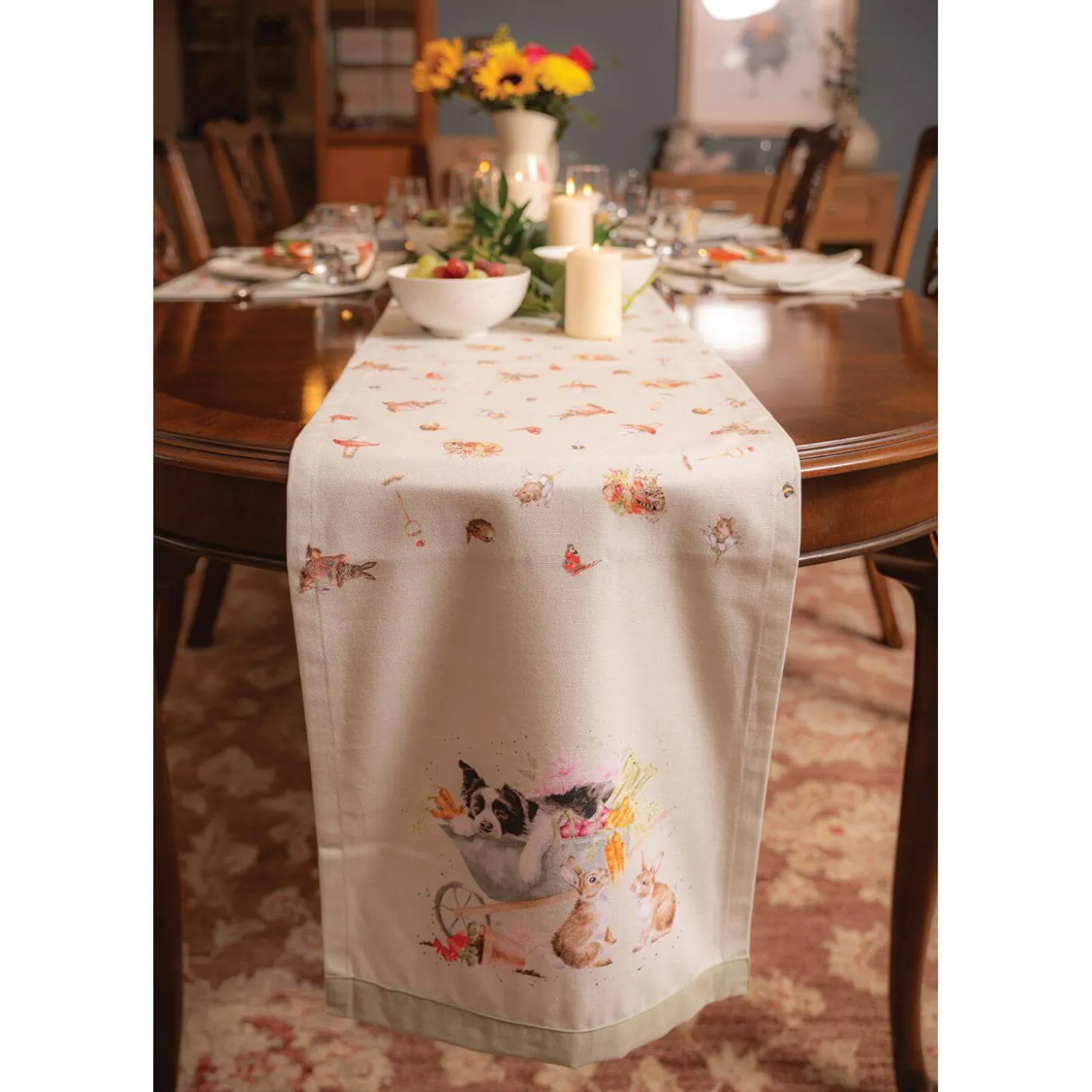 Wrendale Designs by Hannah Dale 100% Cotton Fabric Table Runner - Garden Friends