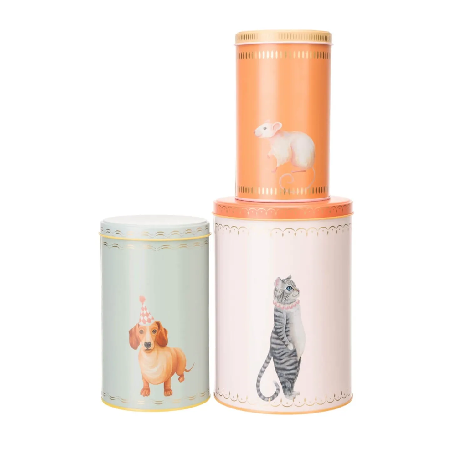 Yvonne Ellen Set Of 3 Cylinder Storage Tins - Sausage Doggie, Mousey & Pussy